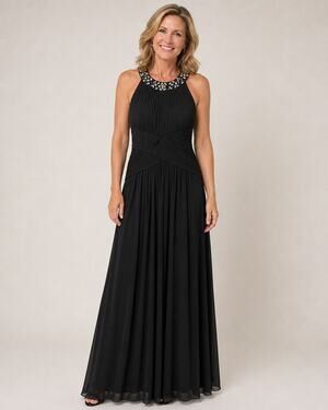 Alex Evenings Embellished Halter neck Maxi Dress 6 Pleated Gray Chiffon Event